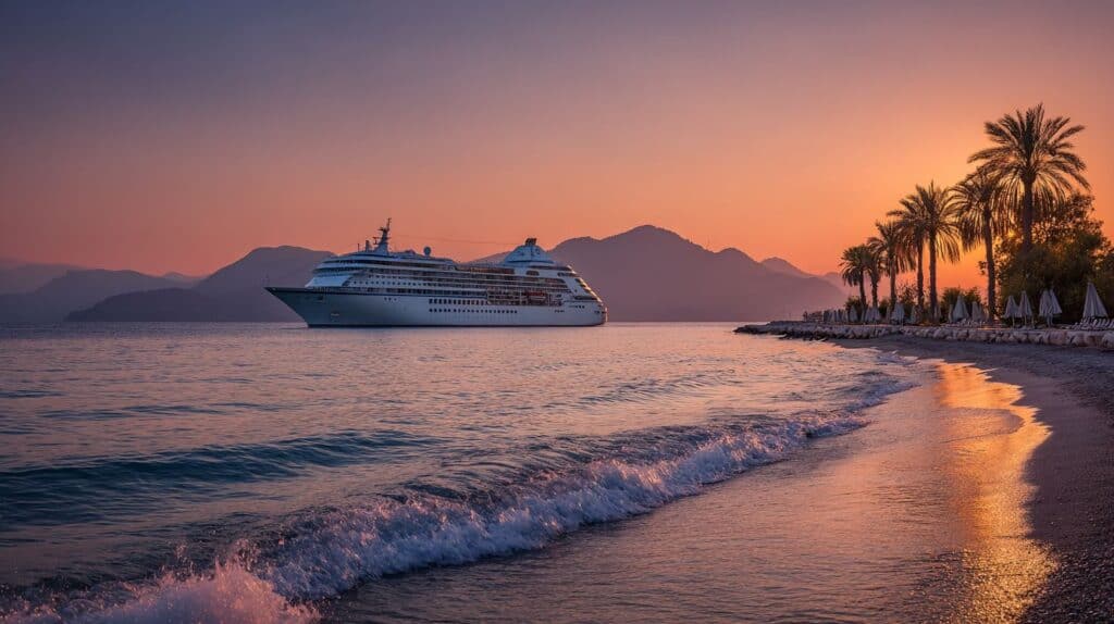 Luxus Kreuzfahrtschiff bei Sonnenuntergang am Strand, Palmen und Berge im Hintergrund.