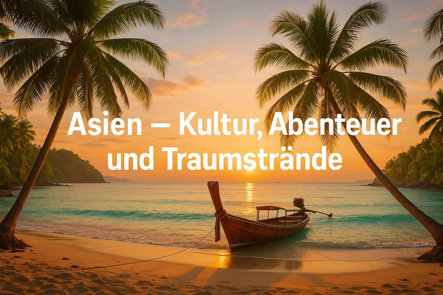 Tropischer Strand in Asien mit Palmen, traditionellem Boot und Sonnenuntergang