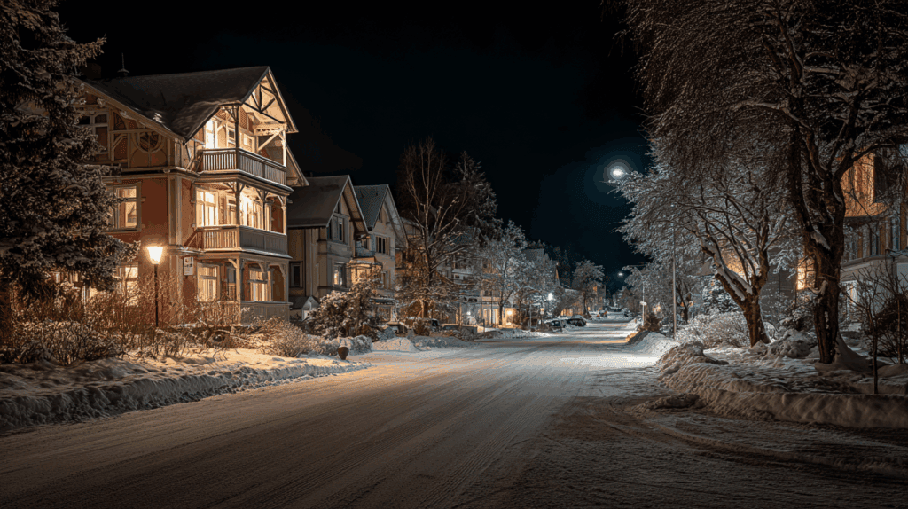 Herrliche verschneite Winternacht in einem Ortschaft mit beleuchteten Fachwerkhäusern und breitem Schneebedecktem Weg.