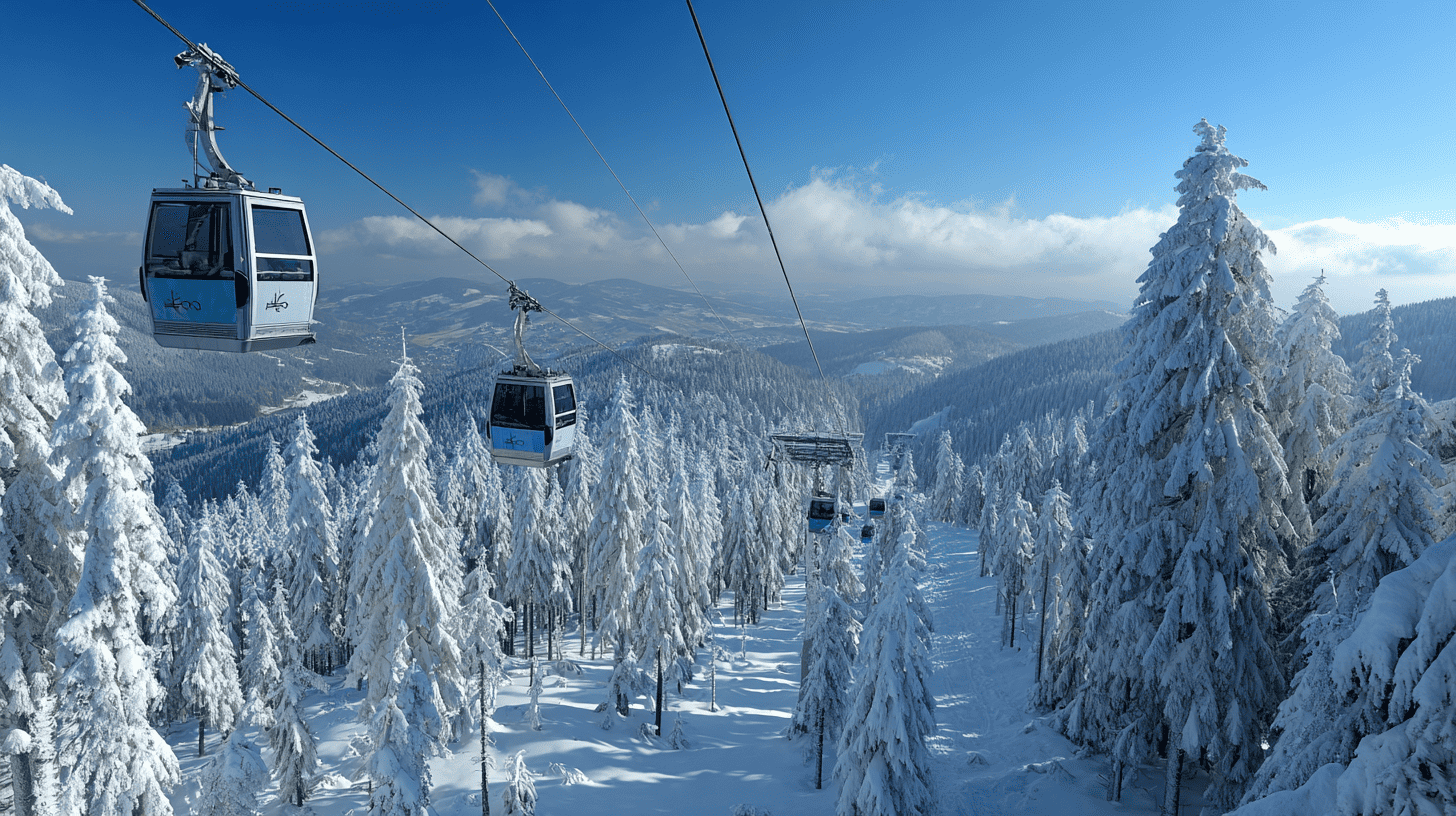 Wurmberg-Seilbahn in Braunlage über grünen Harzwäldern bei Sonne