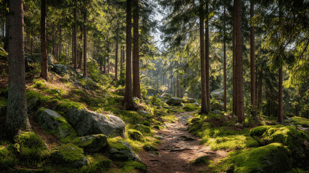Waldweg im Grünen, Sonnenlicht durch die Bäume, Natur, Wanderung, Erholung, Outdoor, Urlaub, Deutschland.