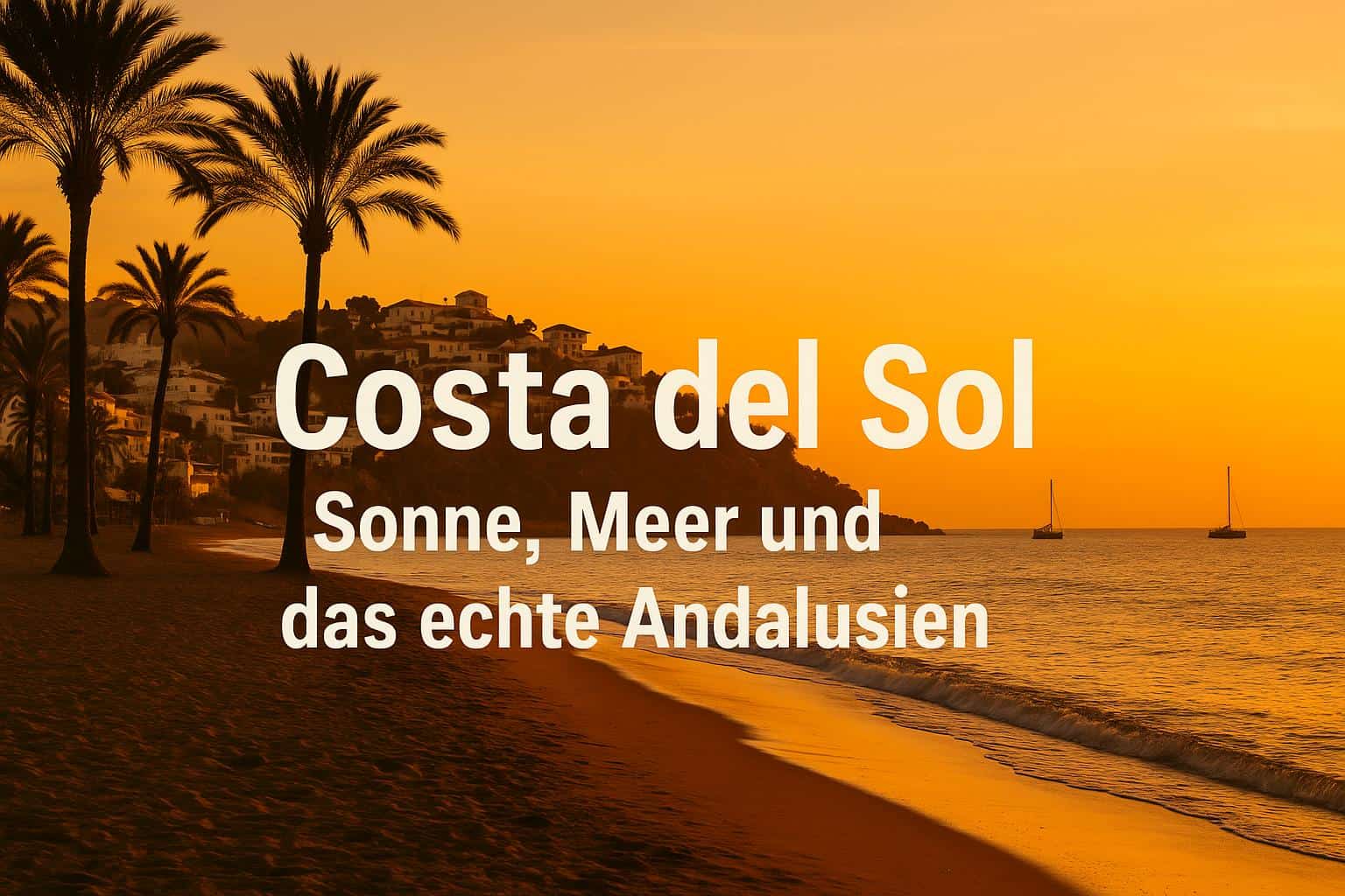 Strand an der Costa del Sol bei Sonnenuntergang mit Palmen, Meer und weißen Häusern im Hintergrund