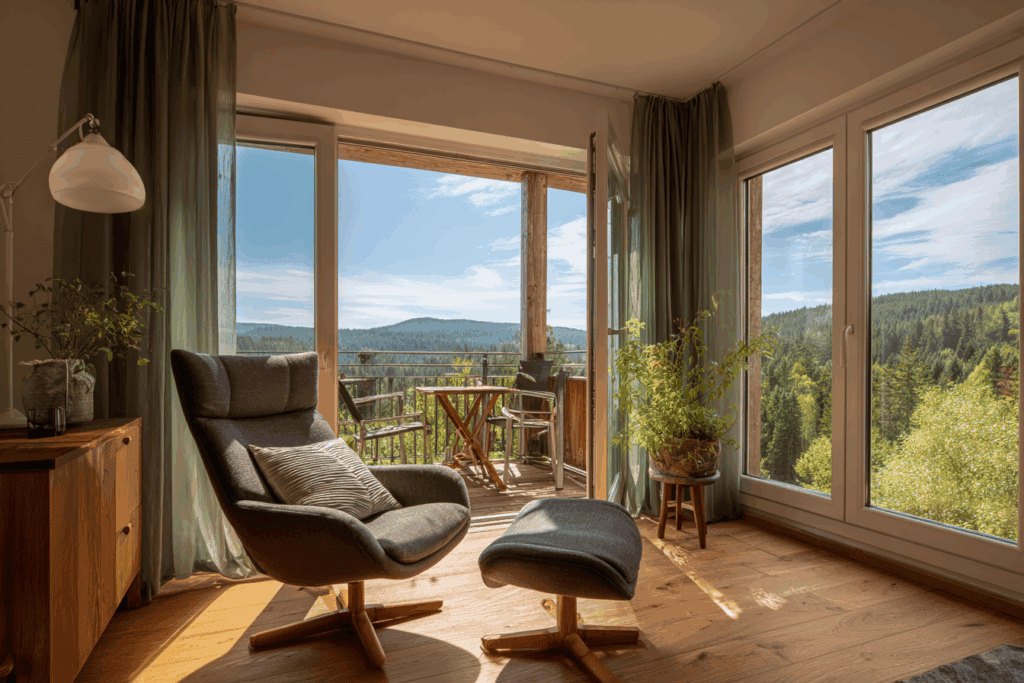 Entspannter Blick auf die Berge vom Balkon mit komfortabler Sitzgelegenheit.