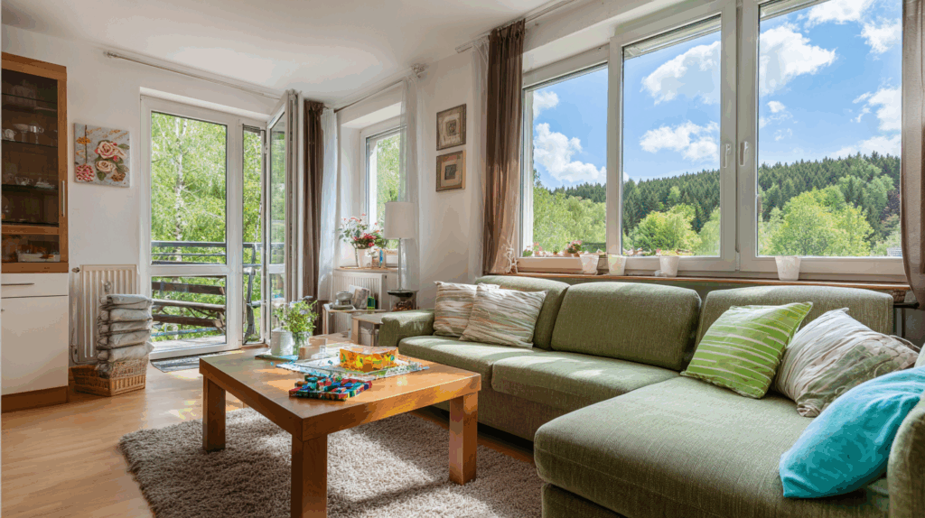 Gemütliches Wohnzimmer mit großen Fenstern und Blick auf Natur in einem Ferienhaus.