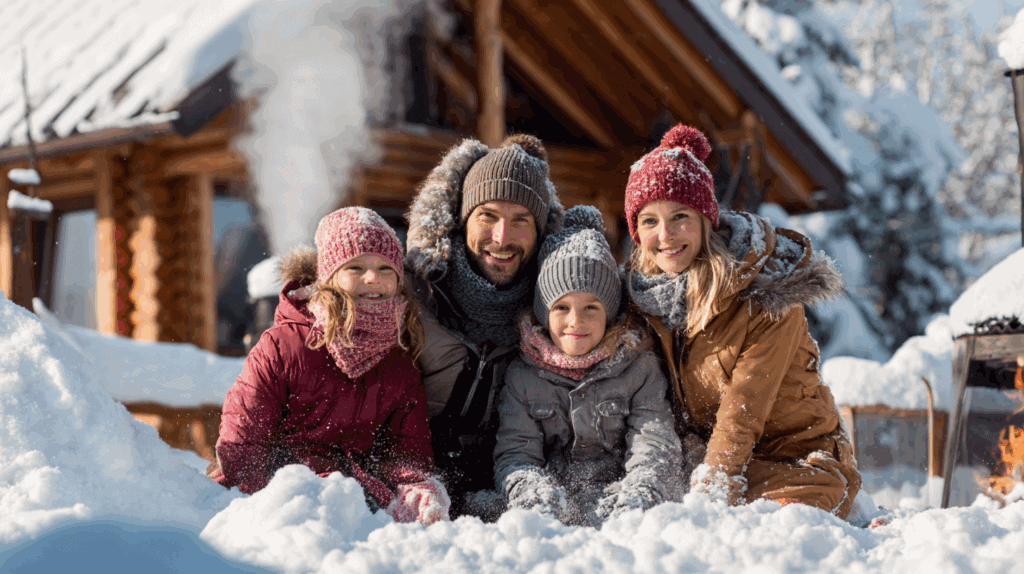 Schneefamilie vor Berghütte im Winter.