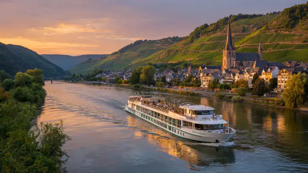 Entspannende Flusskreuzfahrt auf der Mosel mit malerischer Weinlandschaft und historischem Ort.