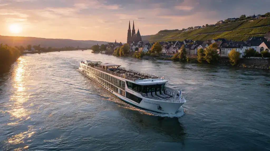 Entspannende Flusskreuzfahrt entlang des Rheins bei Sonnenuntergang in Deutschland.