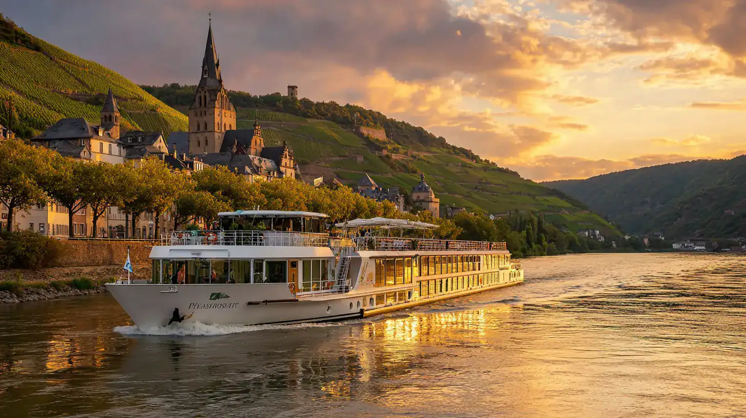 Flusskreuzfahrtschiff auf dem Rhein bei Sonnenuntergang mit Weinbergen im Hintergrund