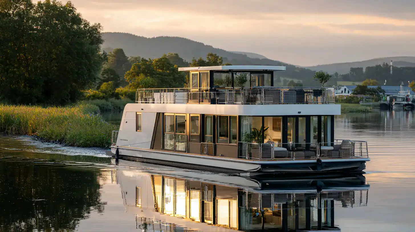 Hausboot auf einem ruhigen See in Deutschland bei Sonnenuntergang
