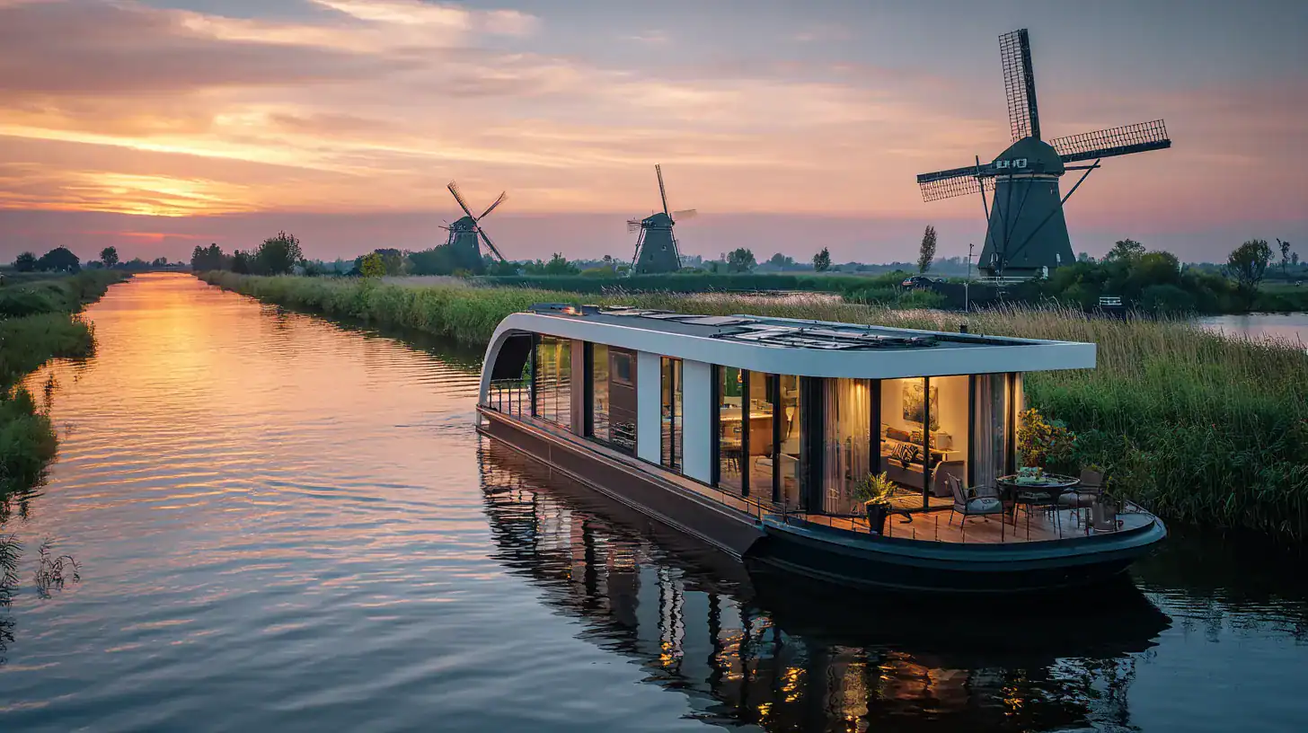 Hausboot auf niederländischem Kanal bei Sonnenuntergang mit Windmühlen im Hintergrund