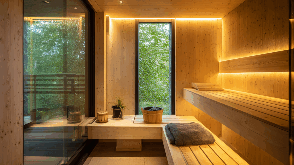 Entspannungsraum mit Sauna und Blick ins Grüne, Natururlaub in einer stilvollen Holzhütte.
