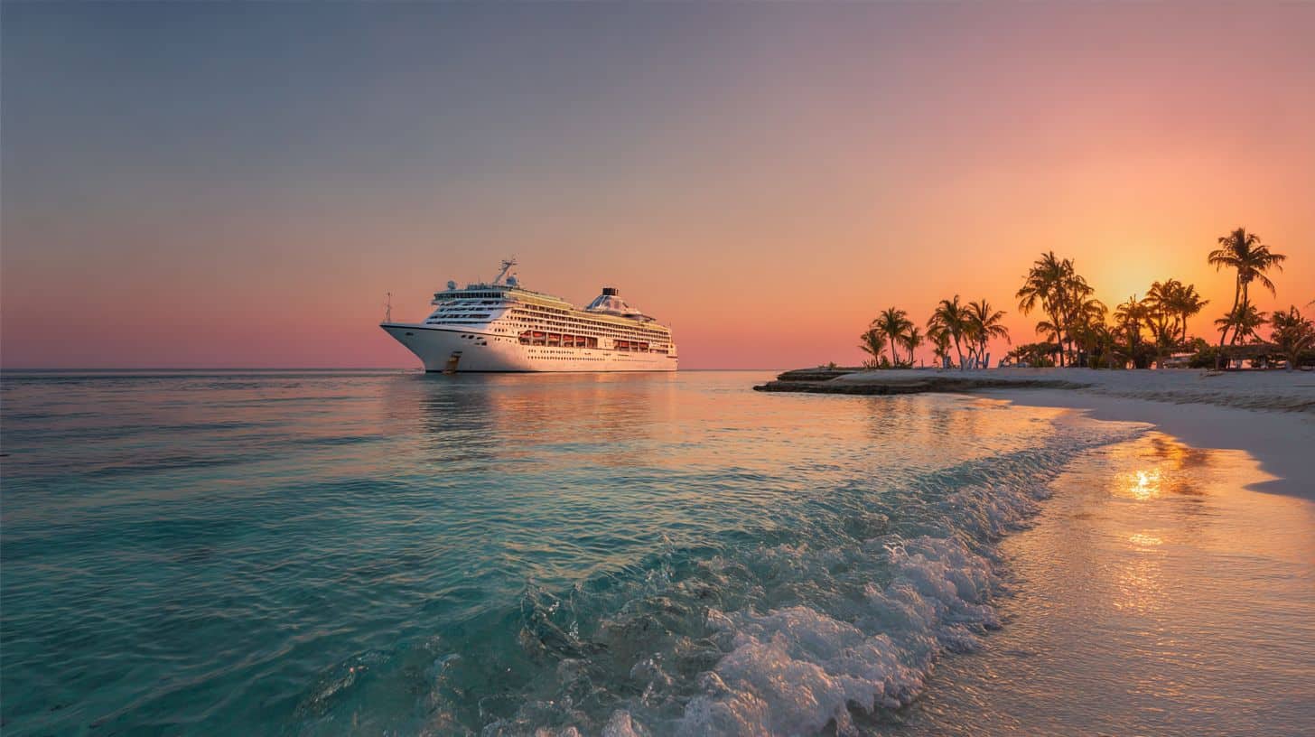 Luxus-Kreuzfahrtschiff vor einem tropischen Strand bei Sonnenuntergang – Karibik Kreuzfahrt 2026 ab Deutschland
