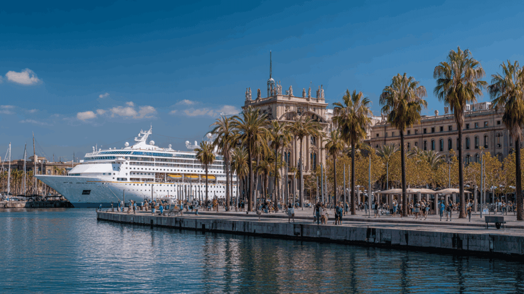 Luxusyacht im Hafen von Barcelona mit Palmen und historischen Gebäuden.