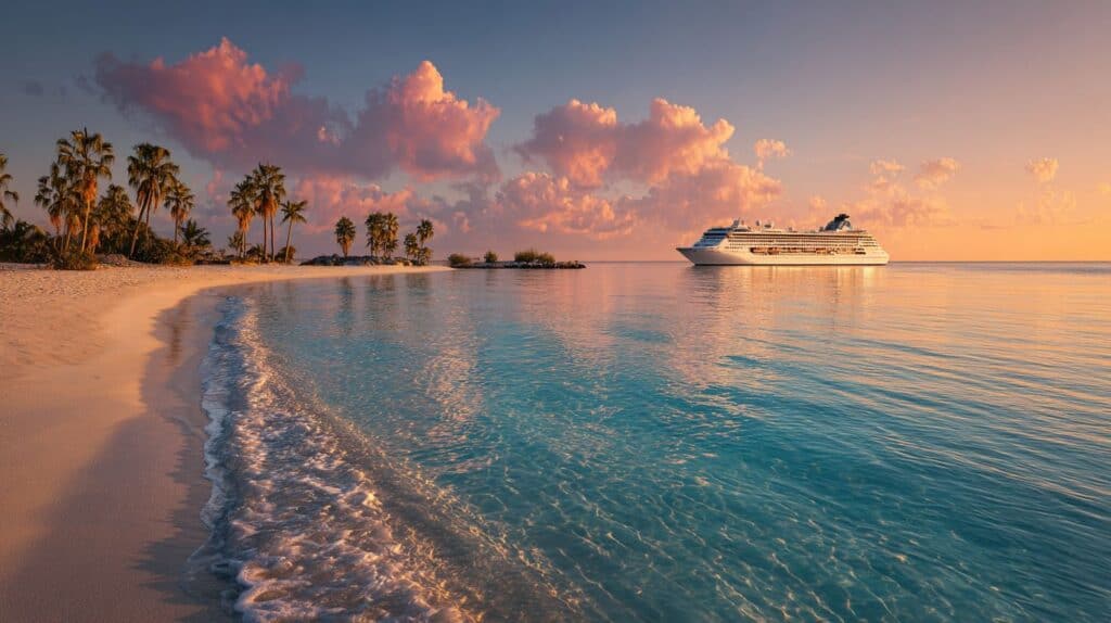 Entspannter Strandurlaub mit Klippen, Palmen und Kreuzfahrtschiff bei Sonnenuntergang.