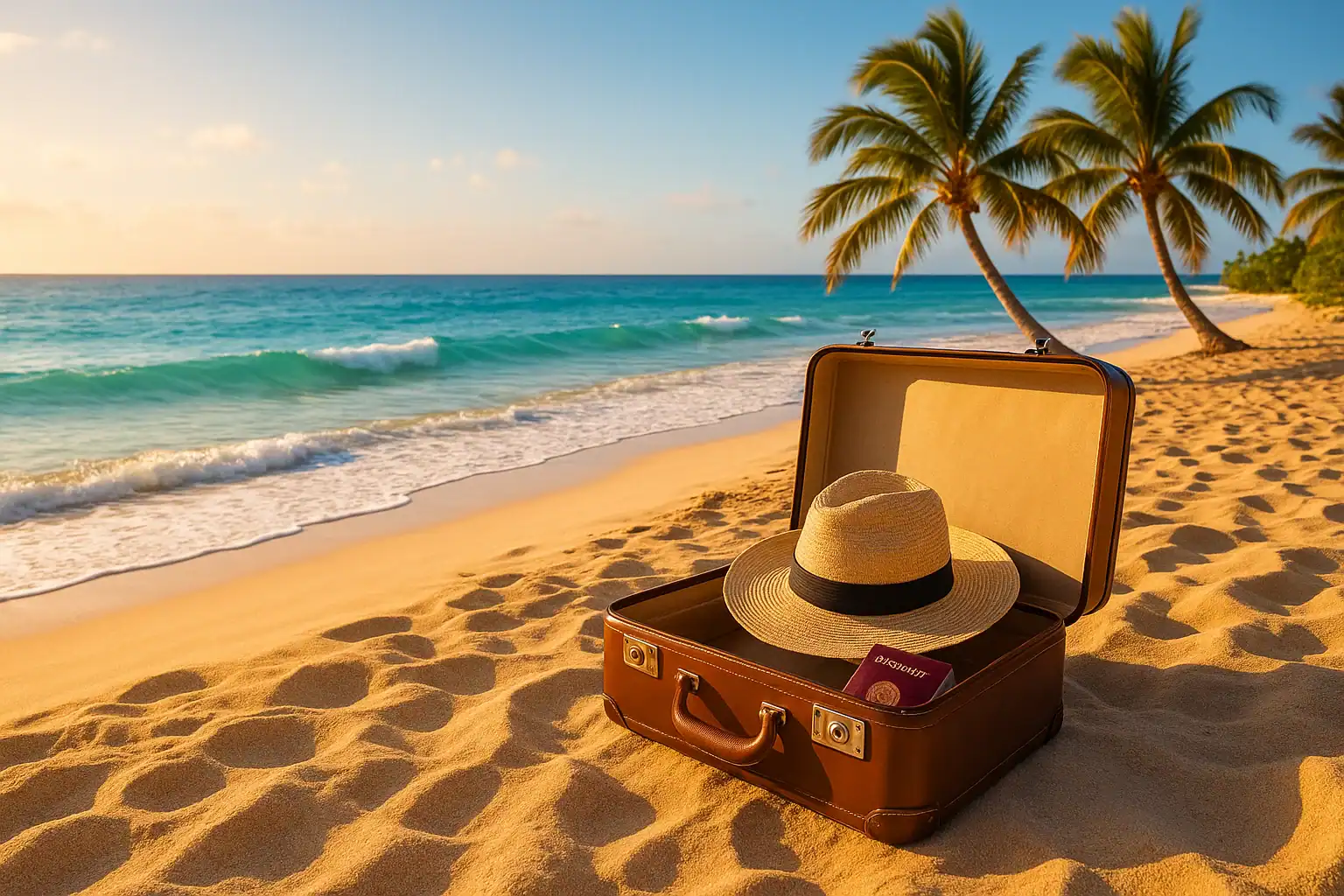 Geöffneter Koffer mit Strohhut und Reisepass am Sandstrand vor türkisblauem Meer – Symbol für Lastminute Reisen und Urlaub