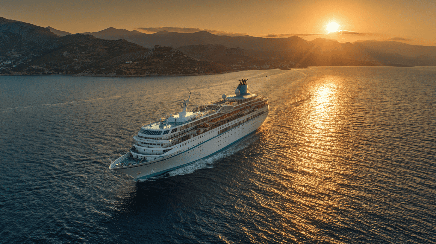 Kreuzfahrtschiff im Mittelmeer bei Sonnenuntergang, goldene Lichtreflexe auf dem Wasser