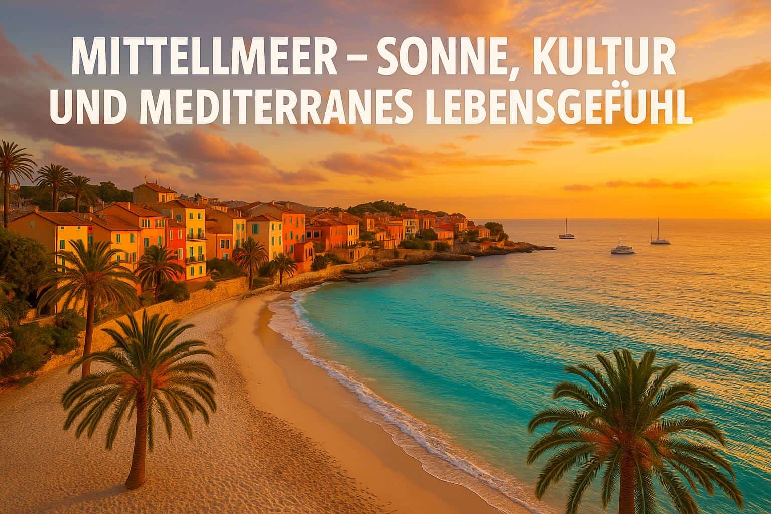Mittelmeerstrand bei Sonnenuntergang mit Palmen, bunten Häusern und ruhigem Meer