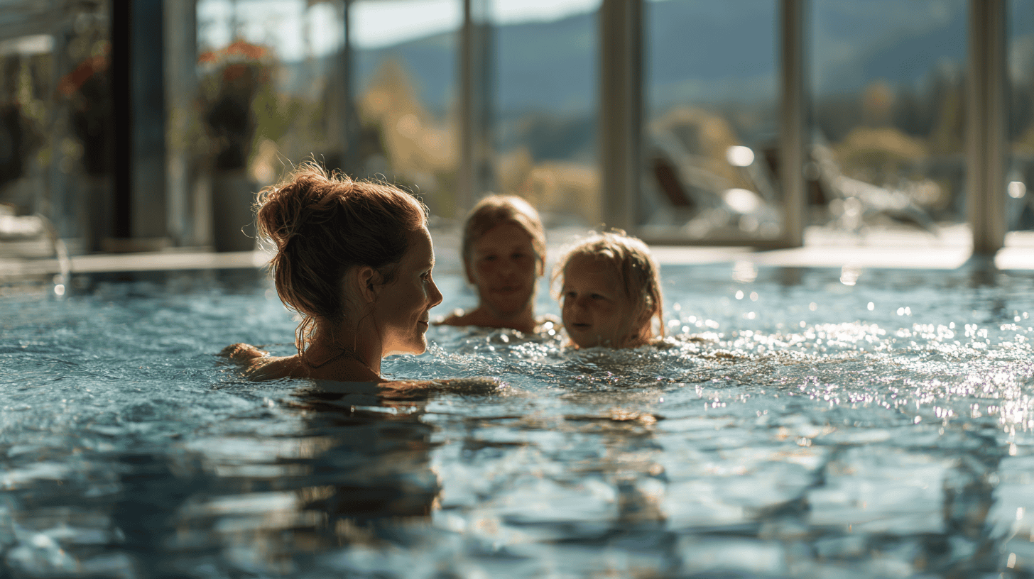 Familie mit Kindern im Hallenbad, Wasser spiegelt das Licht, entspannte Urlaubsstimmung im Wellnesshotel