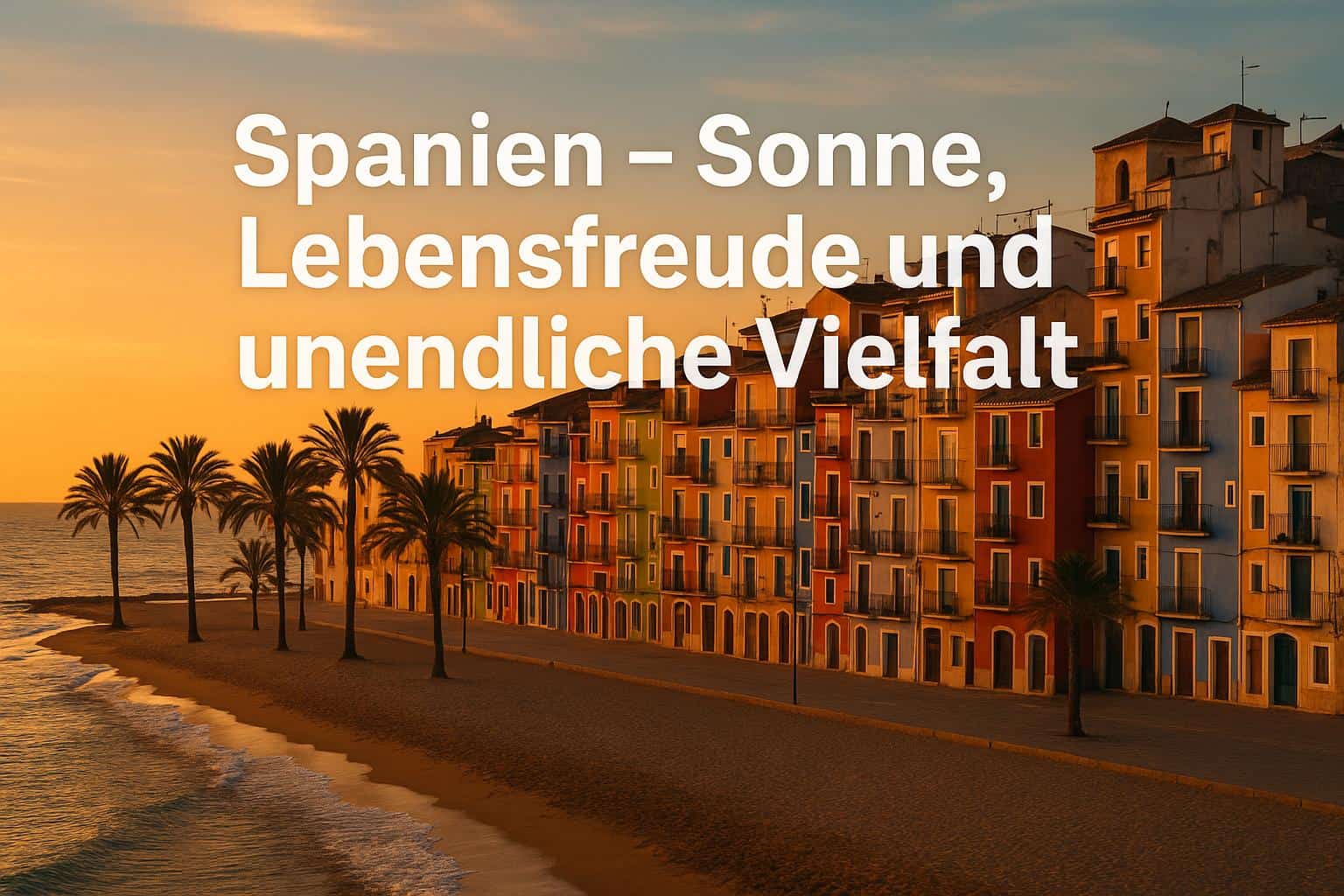 Bunte Häuser an der spanischen Mittelmeerküste bei Sonnenuntergang mit Palmen und Strand
